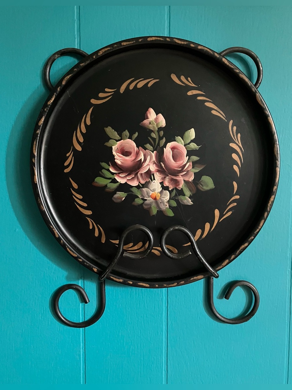 11” Vintage Hand-Painted Black Floral Round Wall Tole Tray - Pink Rose Design